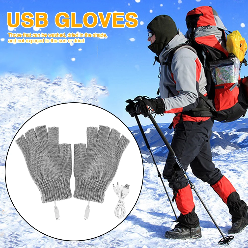 USB Heated Gloves Fingerless Knitted Wrist Glove Men Women Electric Heating Gloves Winter Hand Warmer Outdoor Skiing Accessories