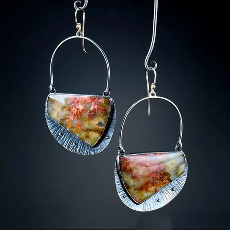 New water drop-shaped colored marble pattern earrings, retro glazed color separation earrings