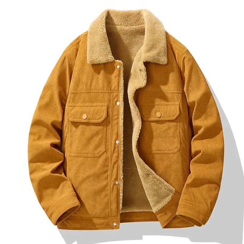

High Quality Autumn Winter Men Clothing Corduroy Jacket Fleece Jacket Warm Single Breasted Pockets Luxury Brand Outerwear Tops