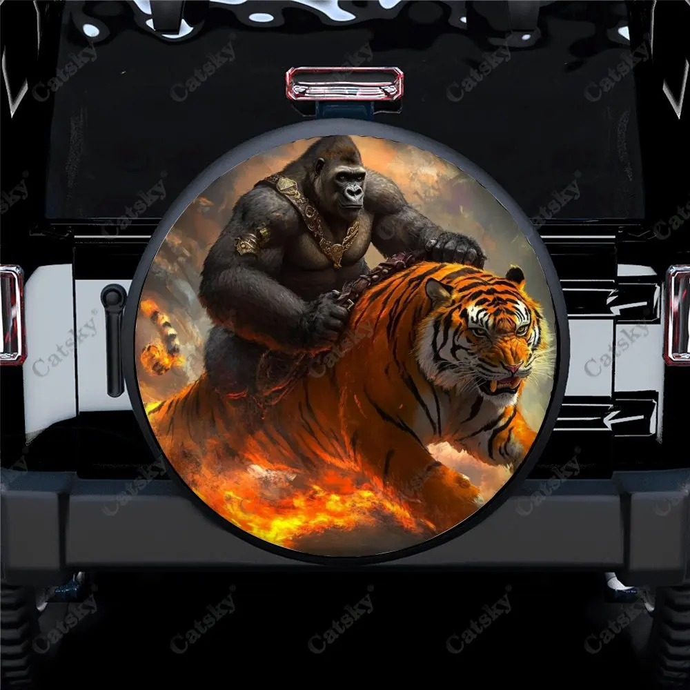 Chimpanzees Riding Tigers Polyester Universal Auto Accessories Spare Wheel Tire Cover Wheel Covers for Trailer SUV Truck Camper