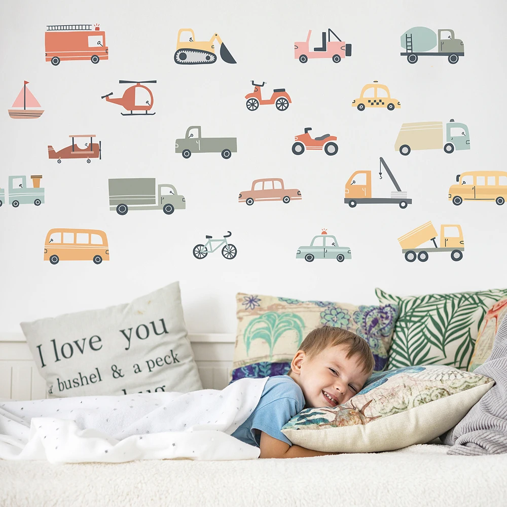 Cartoon Cars Truck Construction Wall Sticker Kids Room Baby Nursery Vehicle Kids Transport Wall Decal Bedroom Home Decor