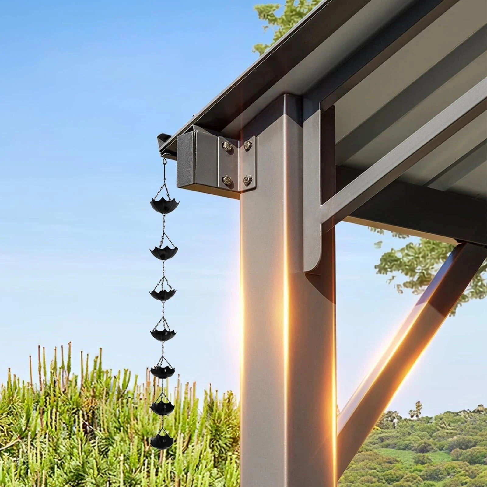 Rain Chain with Mobile Cups Outdoor Metal Rain Chimes Decorative Umbrella Rain Chains for Window Wall Patio Gutters Decor