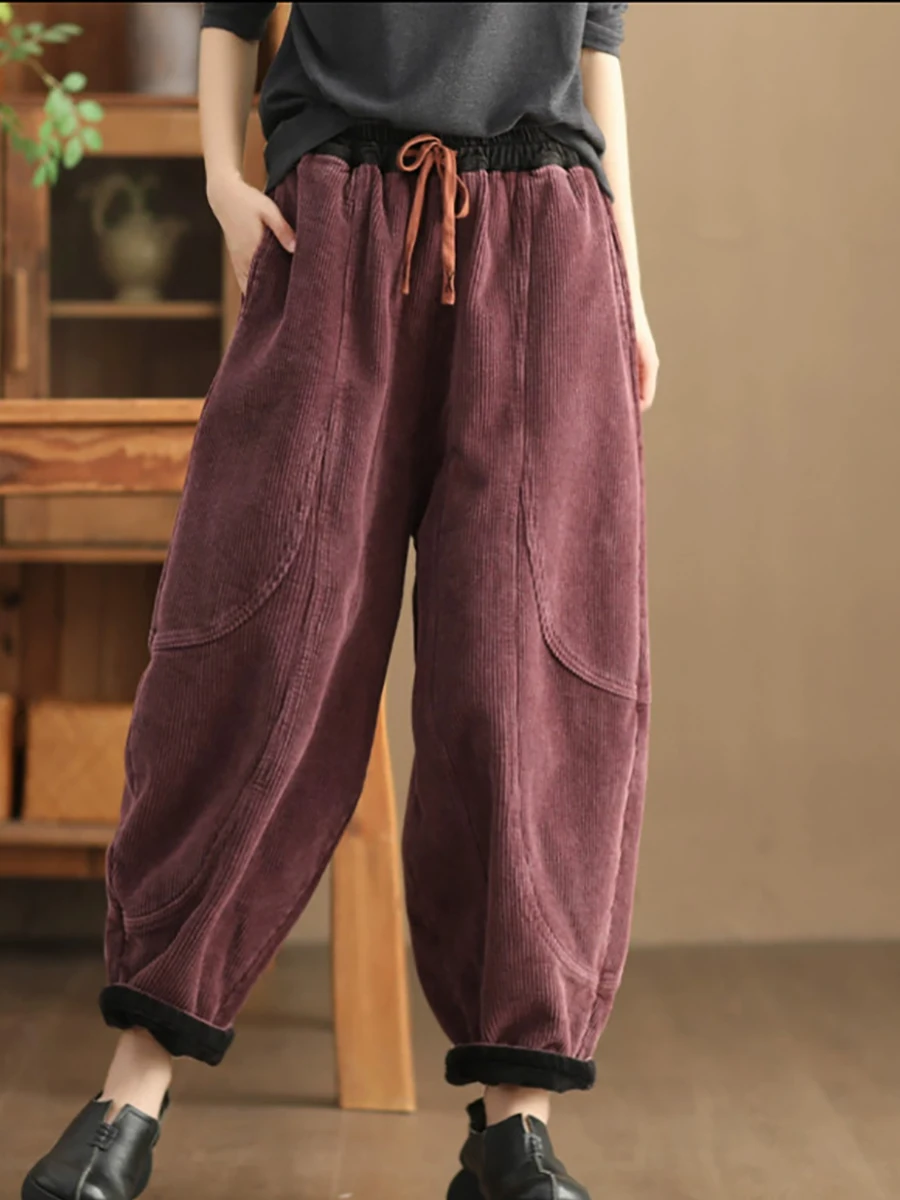 Autumn Winter Women Thicken Fleece Casual Pants Fashion Warm Elastic Waist Lace-up Simple Loose Chic Patchwork Female Trousers