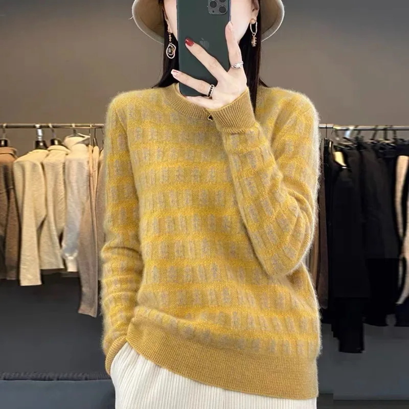 Autumn and Winter Women\'s Color Block O-Neck Long Sleeves Loose Knitted Pullovers Sweater Fashion Casual Commute Tops