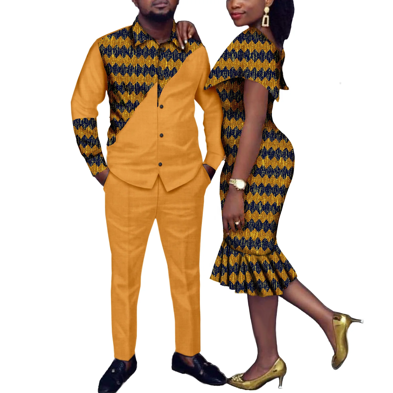 African Couples Women Print Wax Cotton Fashion Patchwork Hot Dress& Men 2 Pieces Shirt and Pants Sets