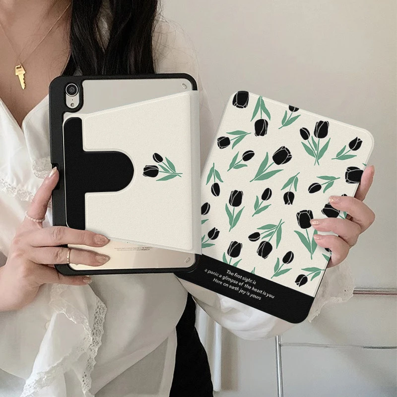 Full Screen Black Rose Y2K 360° Rotation Cover For iPad Pro 13 11th M5 M4 12.9 A16 10 8 7 9th 10th Air 11 M2 M3 Mini Tablet Case