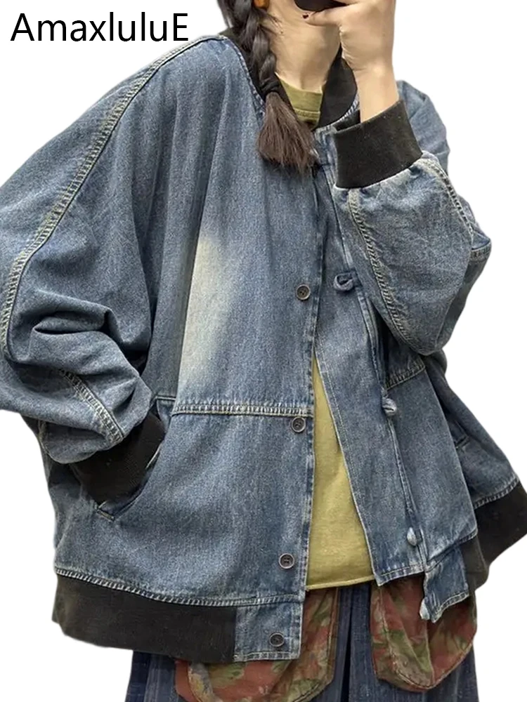 

Amax luluE Korean Fall Coats Womens Fashion Vintage Plus Size Denim Jackets Ladies Classic Loose Casual V Neck Outerwear Clothes