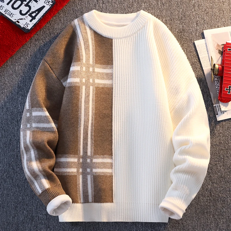 

Новый мужской свитер 2025 года в американском стиле, свободный крой, с круглым вырезом, в стиле колор-блок, для подростков, теплый, повседневный, с длинным рукавом, осень-зима