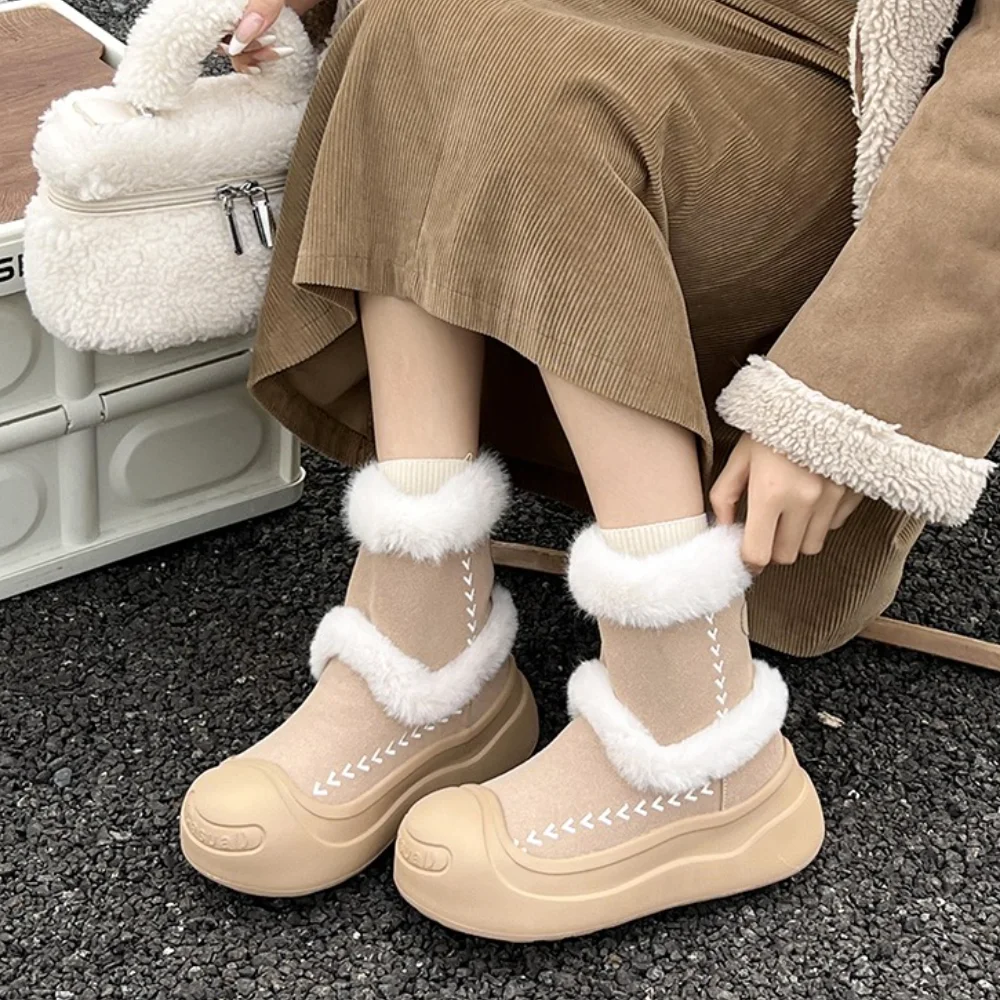 

Winter Trend Nubuck Red Knot Round Toe Thick Sole Platform High Heels Women Boots Slip on Popular Western Casual Shoes