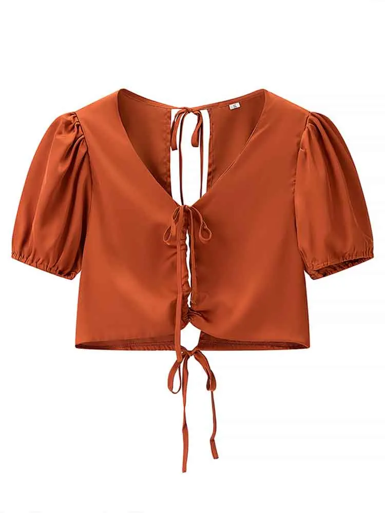 

European style women's clothing new style versatile fashion simple French style small chest tie design short top