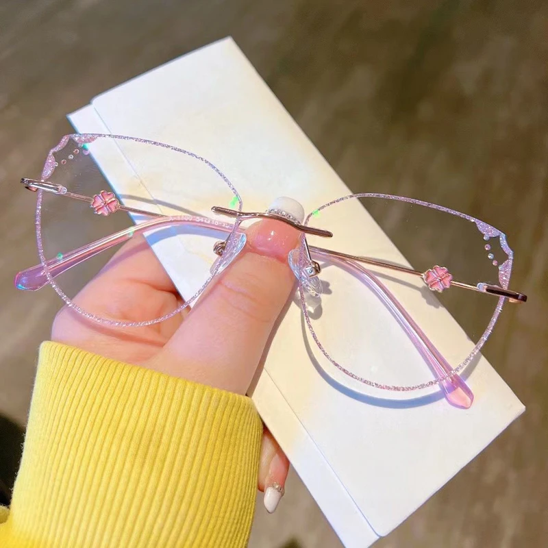 Women New Fashion Rimless Glasses Anti Blue Light Blocking Eyewear Optical Prescription Glasses Luxury Cat Eye Butterfly Eyewear
