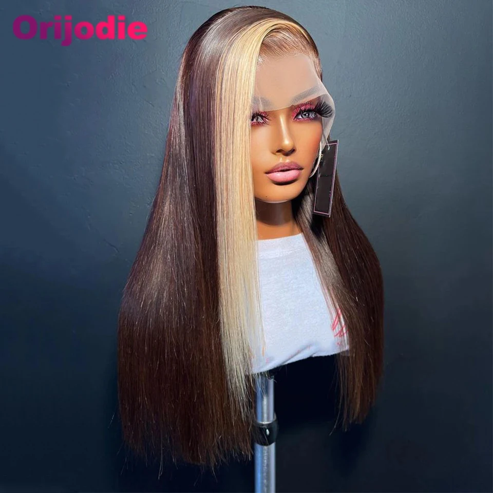 

Dark Brown with Blonde 13x4 13x6 Lace Frontal Human Hair Wigs Transparent 5x5 Closure Lace Wig Brazilian Pre Plucked for Women