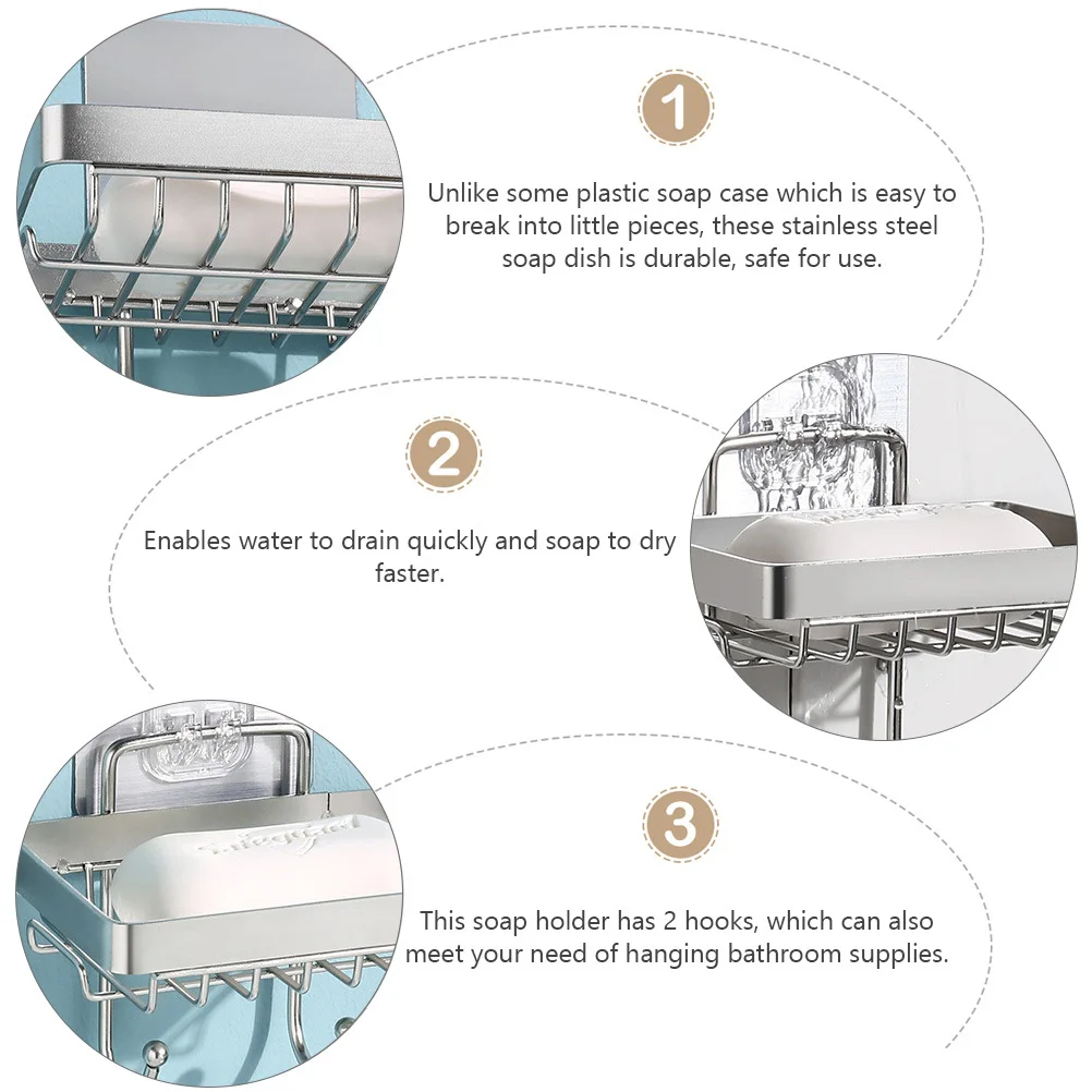 

Stainless Steel Draining Soap Dish with Hooks Wall Mounted Bathroom Soap Holder for Shower Kitchen Storage Organizer