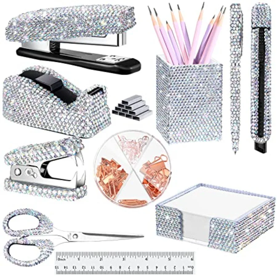 Teling 10 Pcs Bling Office Accessories for Desk Bling Crystal Office Supplies Set Desk Accessory Kit Glitter Stapler Staple Rem