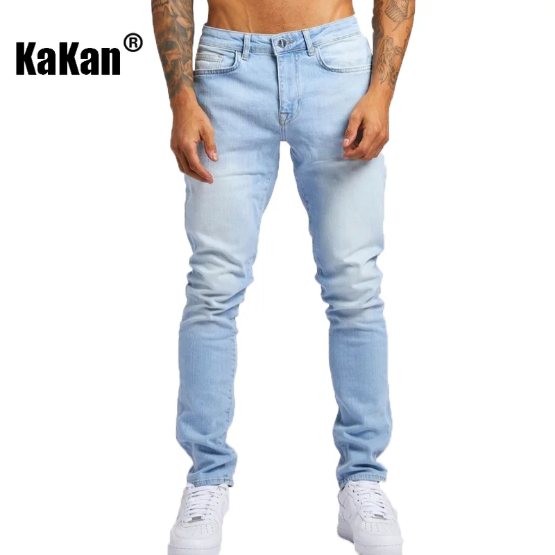 Kakan - European and American New Slim Fit High Waist Men\'s Jeans, Light Blue Black Jeans Popular in Europe and America 16-MGD18