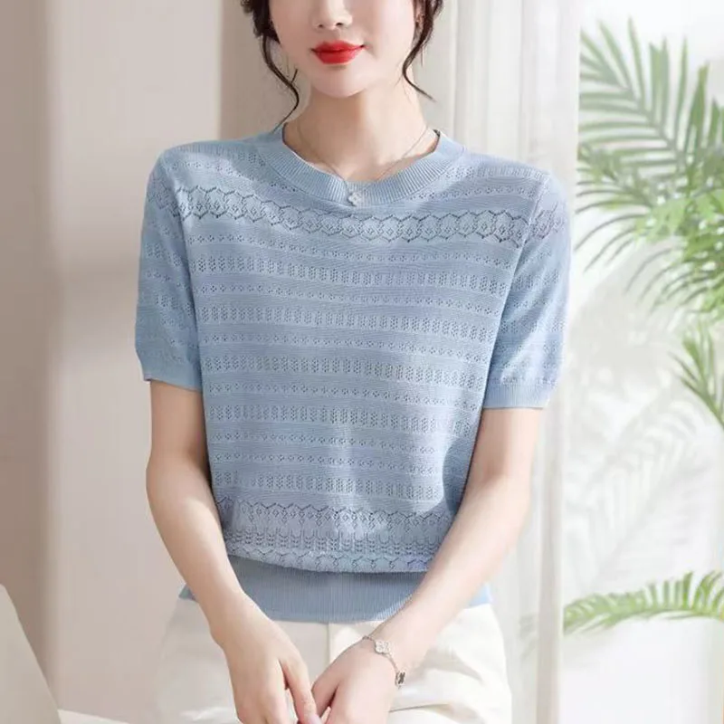 Pull à manches courtes en soie glacée pour femme, col rond, Design fin, T-Shirt court en Jacquard, nouvelle collection été