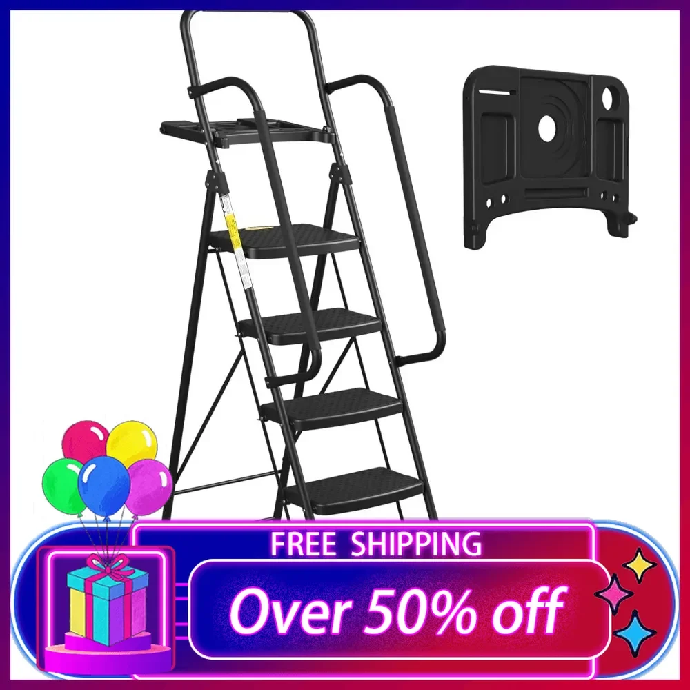 

5 Step Ladder with Handrails,Folding Step Stool with Tool Platform,330 LBS Steel Ladder for Adults for Home Kitchen Office,Black