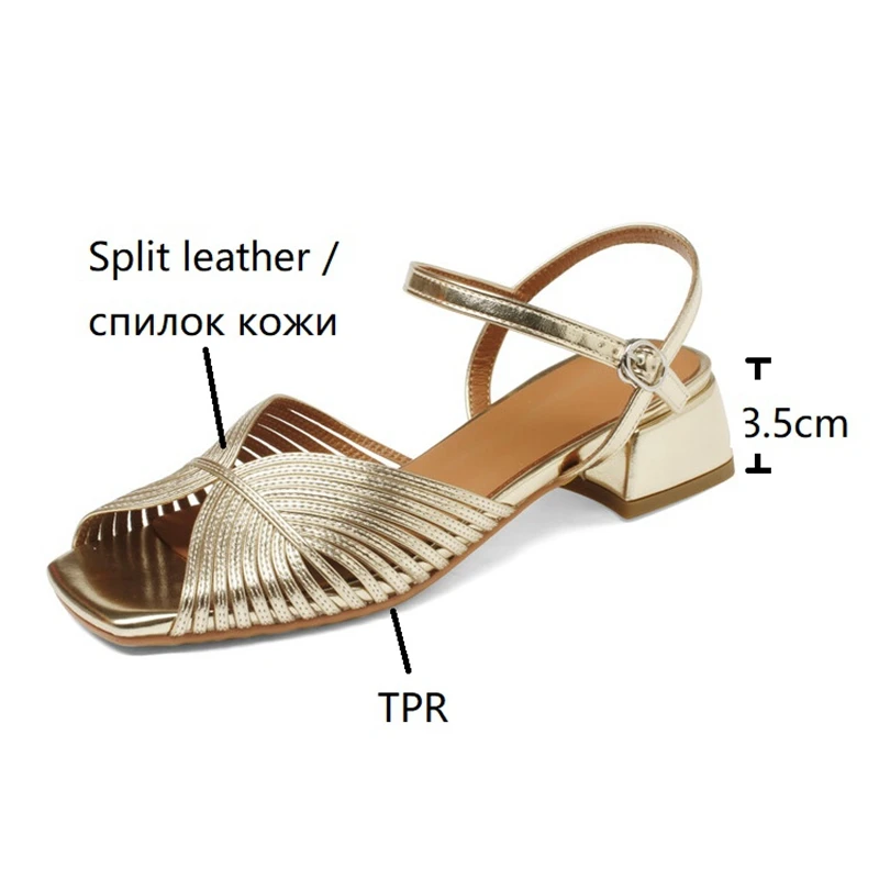 Summer Women Sandals Split Leather Shoes for Women Square Toe Chunky Heel Shoes Fashion Narrow Band Sandals Solid Handmade Shoes