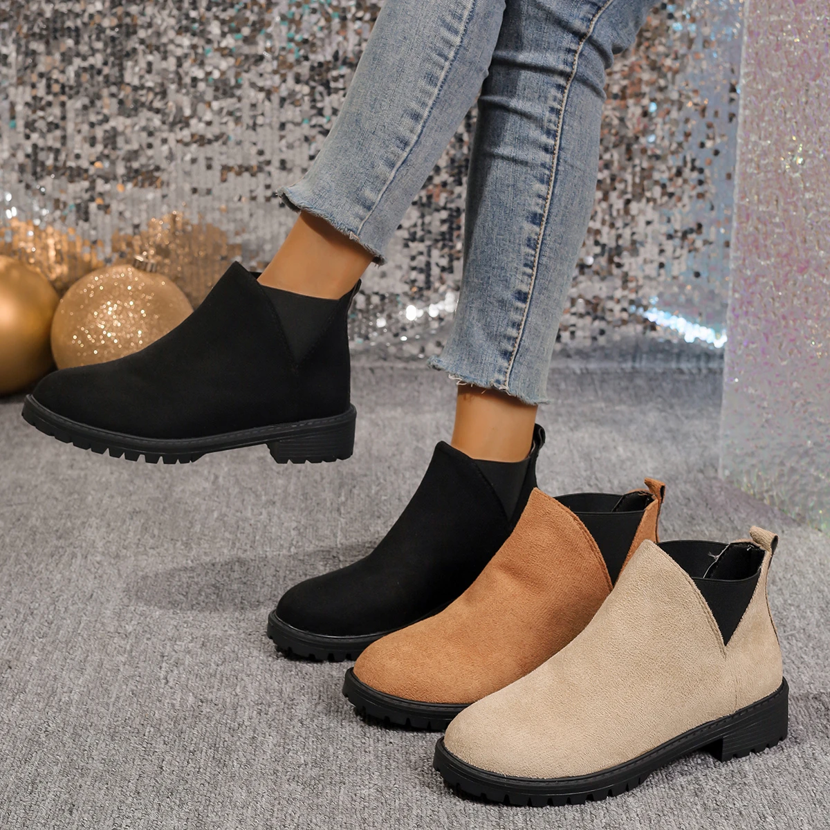 Women's Casual Fashion Round Toe Chunky Heel Suede Ankle Boots With V-cut, 7cm Heels For Work And Anti-slip Outfits