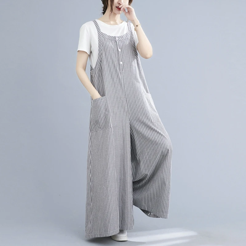 Большой летний полосатый комбинезон с широкими штанинами, женские свободные плиссированные модные женские комбинезоны, повседневные женские комбинезоны, комбинезон Wh9