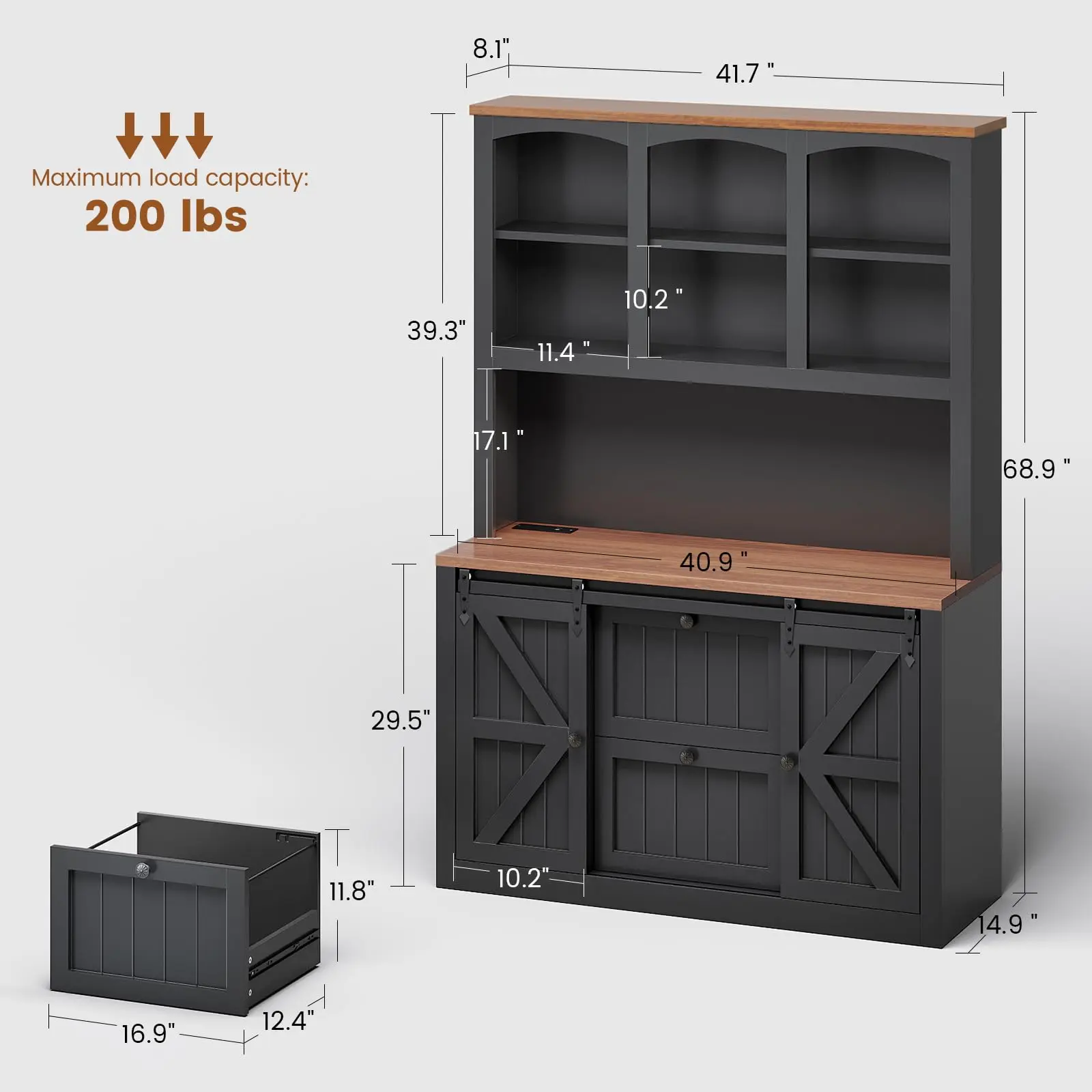 2 Drawer File Cabinet with Power Strip, 41” Farmhouse Filing Cabinet fits Legal, Letter, A4 Size Files for Home Office