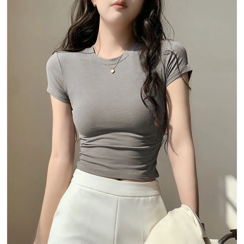 Zomer Nieuwe Draad Ronde Hals T-shirts Dameskleding Korte Mouwen Strakke Fit All-Match Eenvoud Koreaanse Temperament Chic tops