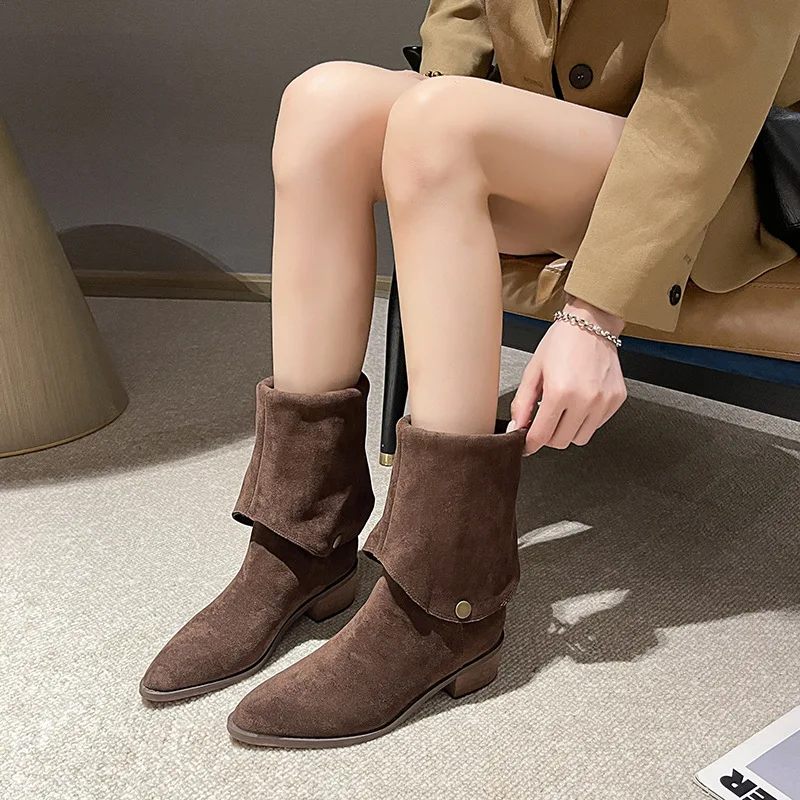 Retro Two-wear Stacked Women's Boots High Quality Suede Leather Knee-high Boots for Women Pointe Chelsea Ankle Boots Botas Mujer