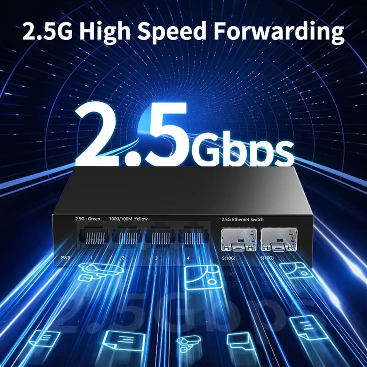 SWXF 2.5GbE Switch 2.5GBASE-T 4 Port 2.5G RJ45 with 2 Port 10G SFP+ Fanless Plug and Play,Network Switch Desktop Wall US Plug