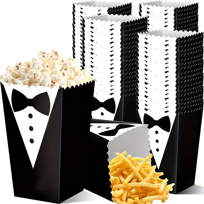 10pcs Popcorn Paper Box Black And White Suit Bow Tie Square Box Thickened Disposable Paper Box