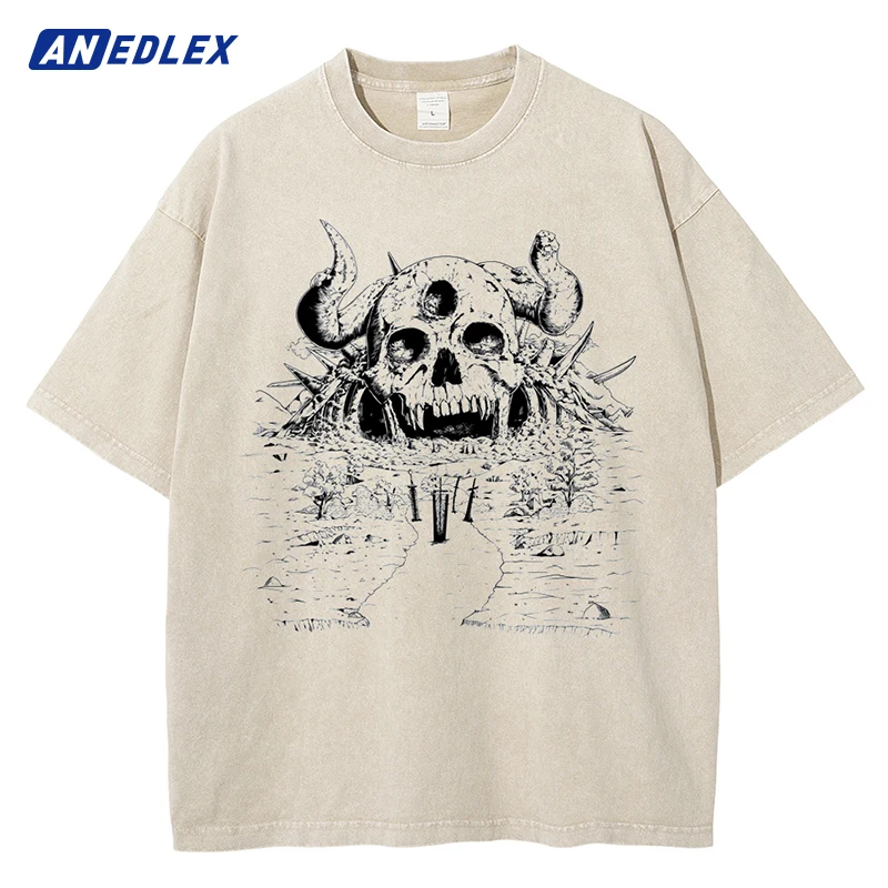 Men Washed Apricot T-Shirt Hip Hop Streetwear Japanese Anime Print Oversize Tshirt Summer Short Sleeve Cotton Loose Tops