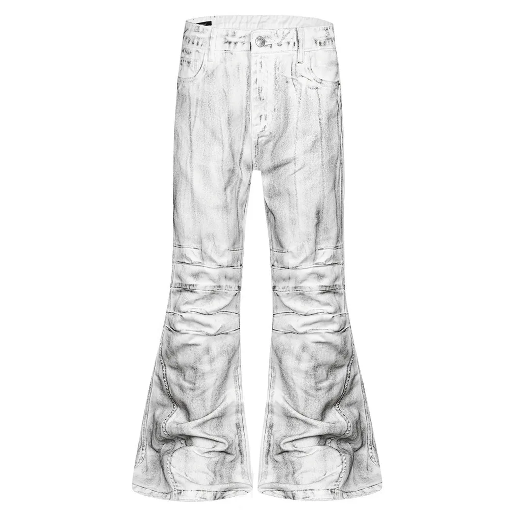 MWJLPWQ Street Style Tie-Dye Distressed Denim Flared Pants For Men Hippie Trendy Raw Hem Vintage Loose Wide-Leg Trousers 21430
