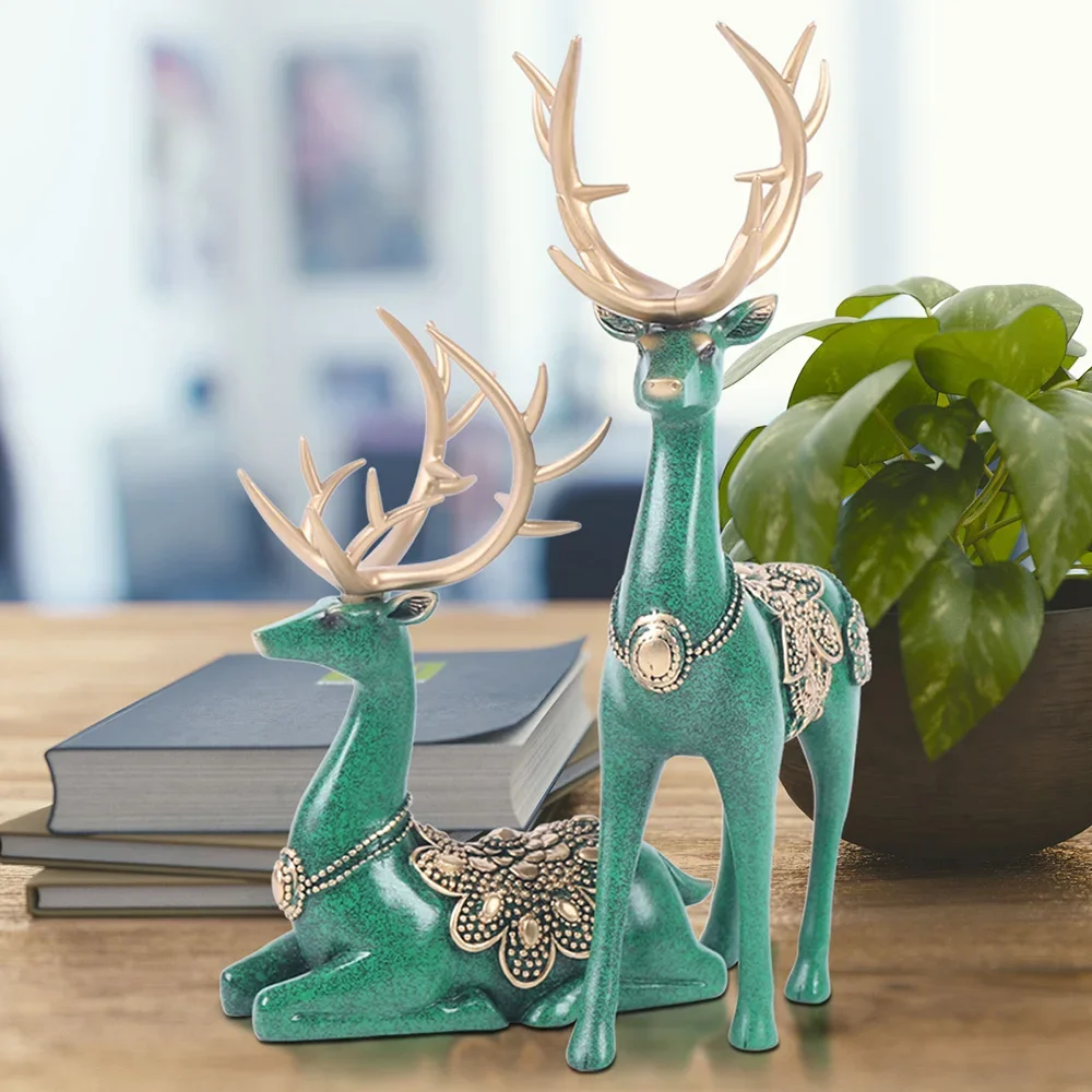 Resin Deer Statue Figurine Blue/Green Reindeer Sculpture Home Office Decor Gift