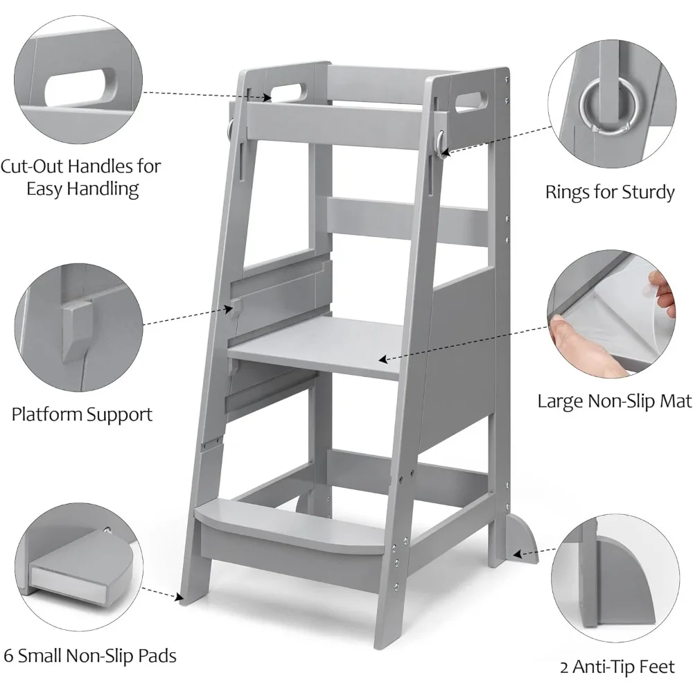 Bamboo Toddler Step Stool Grey Learning Standing Helper Tower for Toddlers Kitchen Stools Counter 3 Height Adjustable Helper
