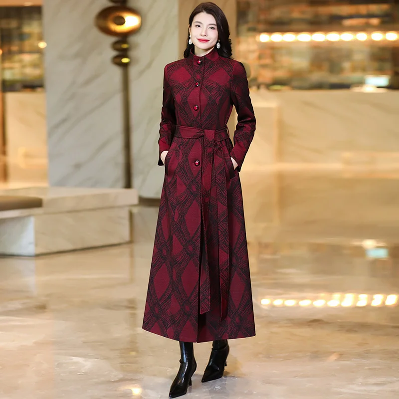 

New Women Spring Autumn Long Trench Coat Fashion Stand Collar Single Breasted Slim Overcoat Elegant Simplicity Burgundy Coat