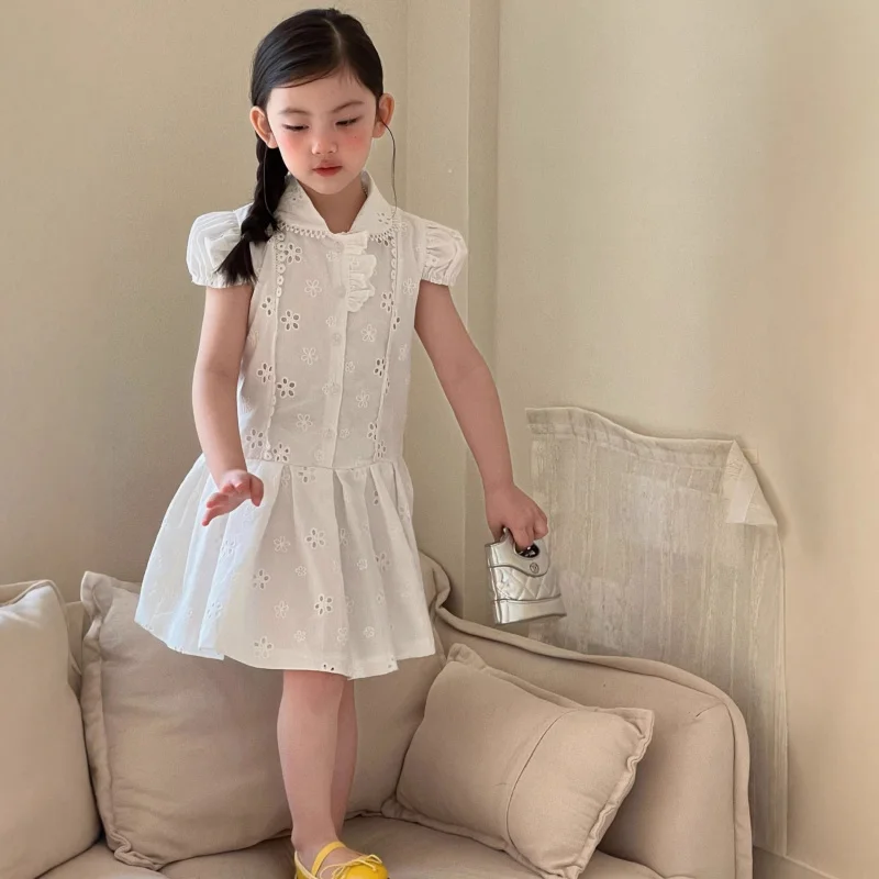 

Girls' French-style puff sleeve shirt dress2026Summer new college-style embroidered exquisite white dress for little girls