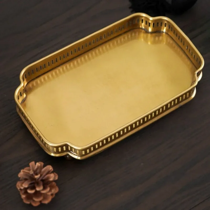 

European Style Home Decoration Light Luxury Brass Rectangular Storage Tray Minimalist Hollowed Plates Tabletop Tea Tray