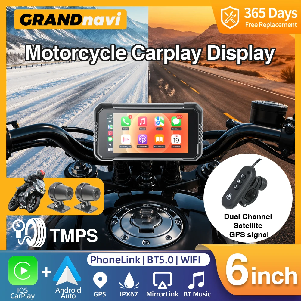 

6 inch Portable Motorcycle DVR Touch Display GPS Navigation IP67 Waterproof Wireless CarPlay Android Auto Remote control