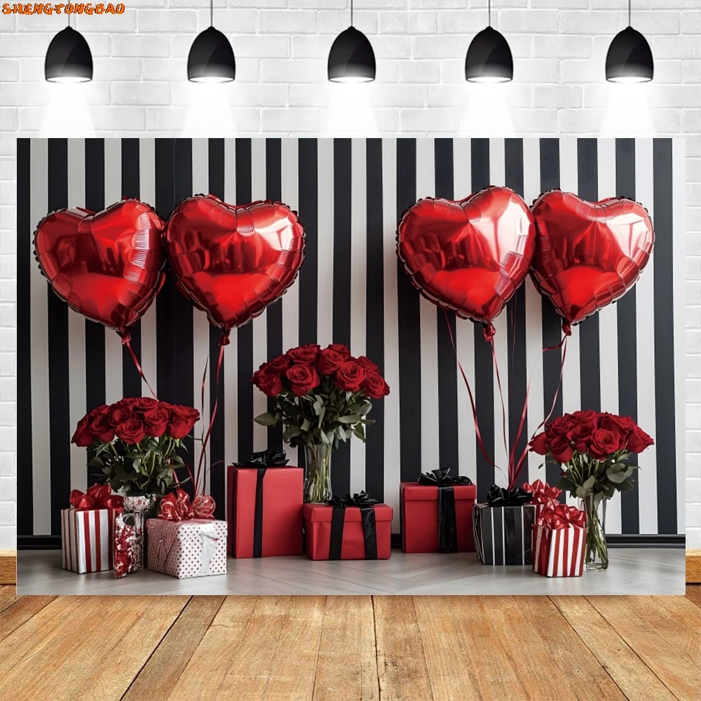 February 14th Valentine's Day Photography Backdrop Striped Wall Love Balloon Rose Flower Gifts Wedding Portrait Photo Background