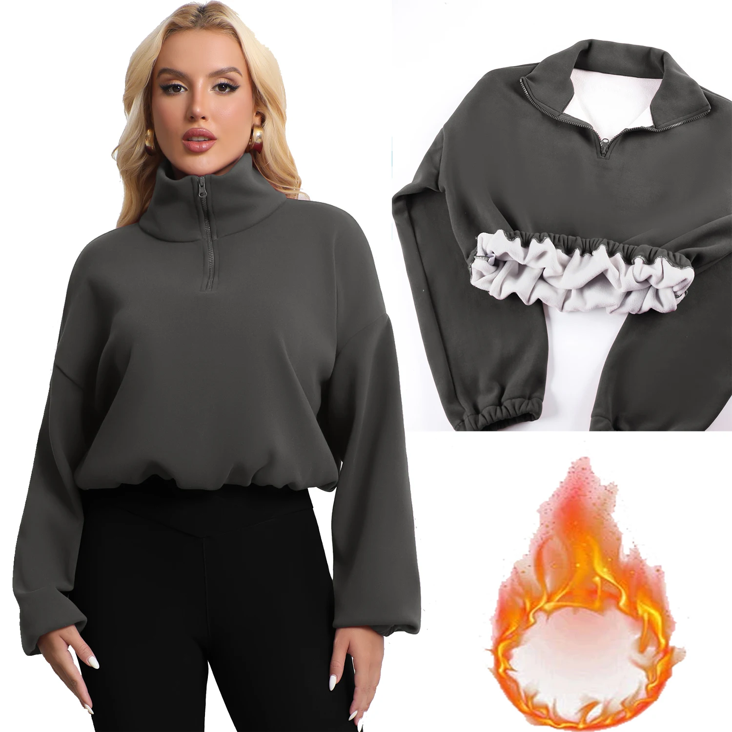 

Женские флисовые укороченные толстовки с воротником-стойкой, осенняя толстовка с длинными рукавами и застежкой-молнией, элегантные плюшевые бархатные топы