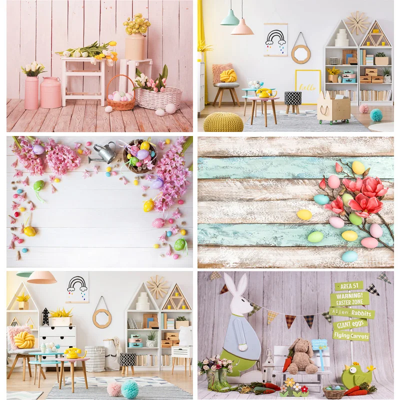 SHENGYONGBAO Art Fabric Easter day Photography Backdrop Props Rabbit Flowers Eggs Wood Board Photo Studio Background HJ-02