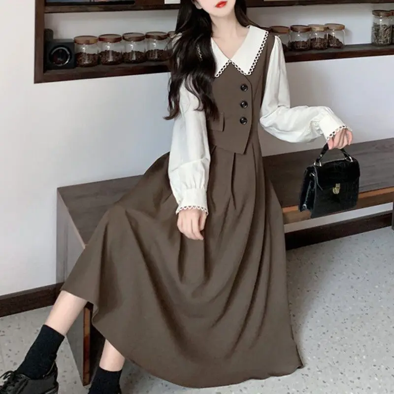 French Vintage Vest Spliced Fake Two Piece Dress Women\'s Long Sleeve Doll Neck Autumn Winter Large Size Temperament Long Dress