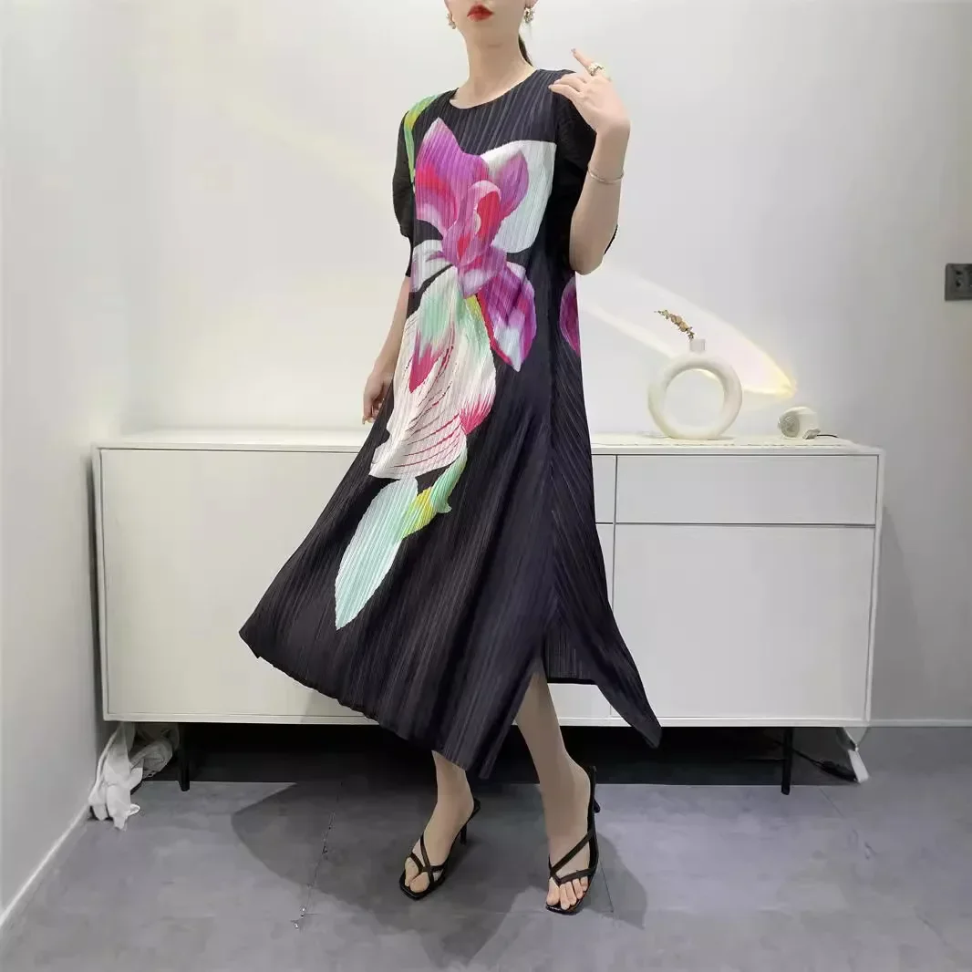 

Miyake 2024 Summer Korean Version High-end Fashionable Pleated Flower Bud Printing Temperament Elegant Stretch Dress for Women