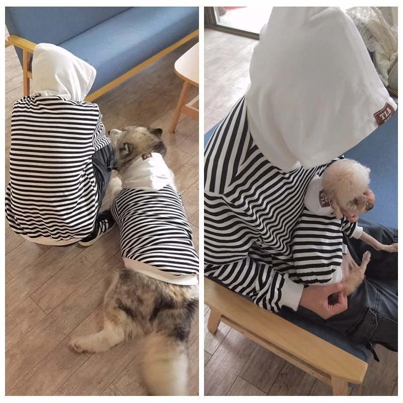 Vêtements assortis pour propriétaires d'animaux de compagnie, vêtements polaires pour animaux de compagnie, à capuche, parent-enfant, à rayures, Teddy français, petit chien et chat