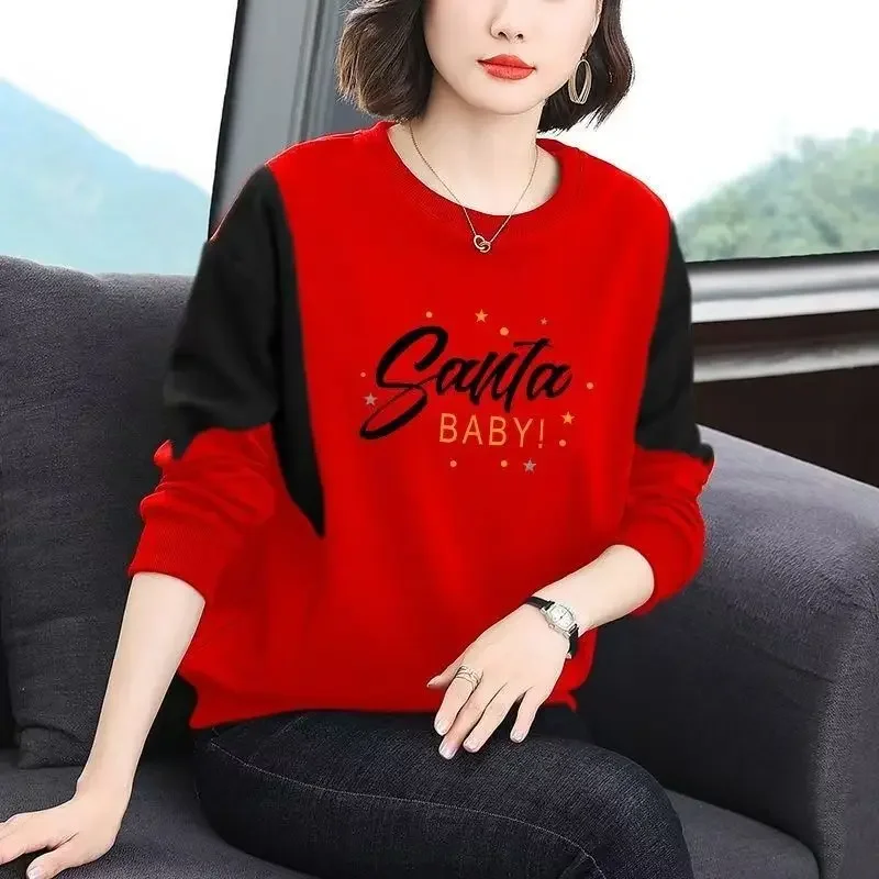 เสื้อยืดแขนยาวผู้หญิง ผ้ากำมะหยี่เยอรมัน ตัดต่อสีตัดกัน ดีไซน์หลวม ใส่แล้วดูอ่อนวัย  สำหรับผู้หญิง