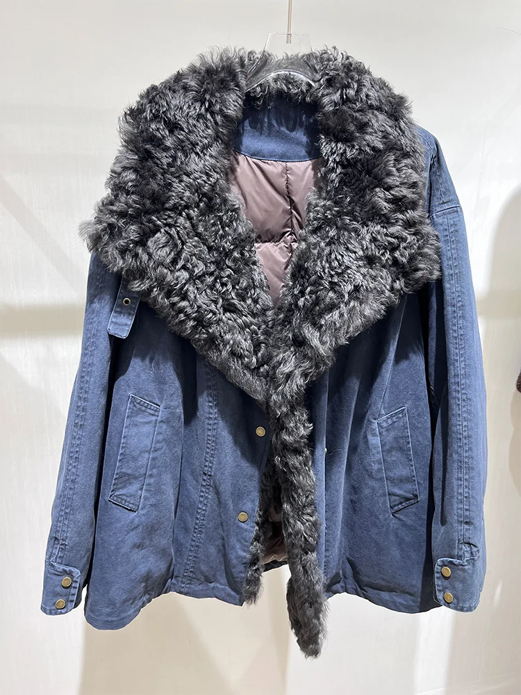Winter Real Natural Fox Sheep Lamb Fur Collar Thick Warm Goose Down Coats Coat For Women Female Luxury Outwear Puffer Jacket