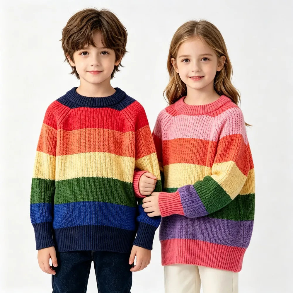Spring Autumn Winter Boys and Girls Rainbow Knitted Sweaters O-Neck Long Sleeve Pullovers Loose Children's Knitwear Tops Clothes