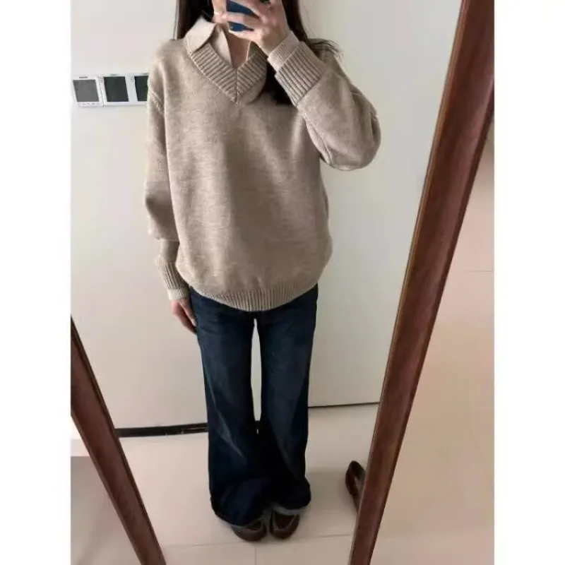 Fake Two-piece Knitted Sweater Men's POLO Shirt Lapel V-neck Autumn And Winter Coat