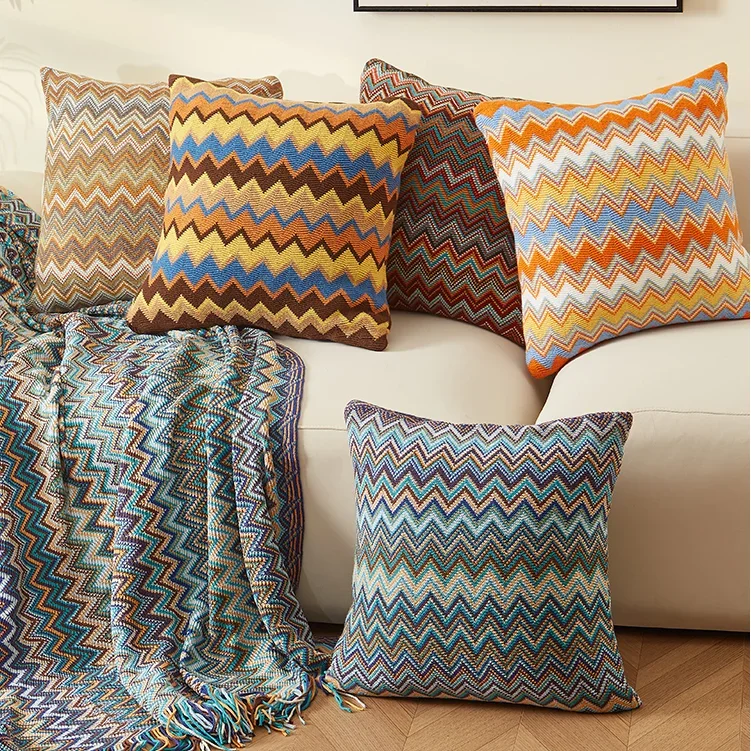 Knitted Cushion Cover Soft Boho Orange Green Flocking Pillow Case 45cm*45cm for Home Decoration Living Room Bed Room