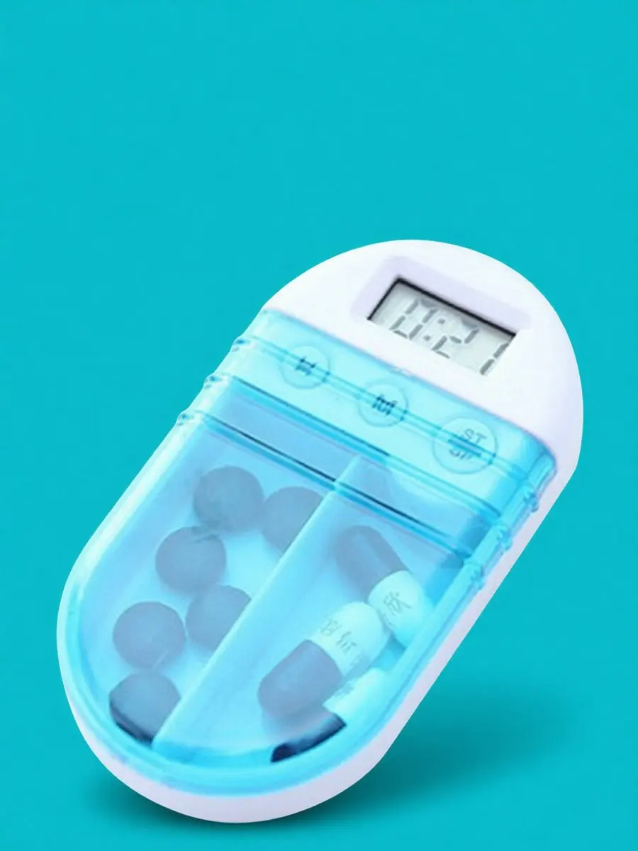 Smart Pill Box with Digital Alarm Timer, 2-Compartment Portable Medication Organizer for Home, Office & Travel