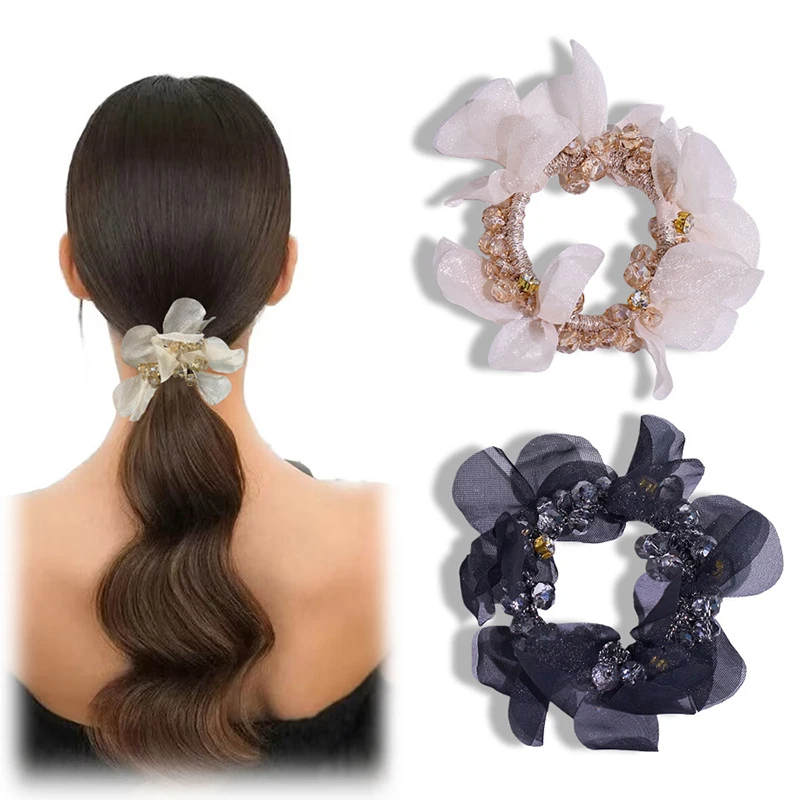High End Imitation Pearl Lace Crystal Elastic Hair Ties Elegant Ponytail Bun Rubber Band Hair Accessories for Women
